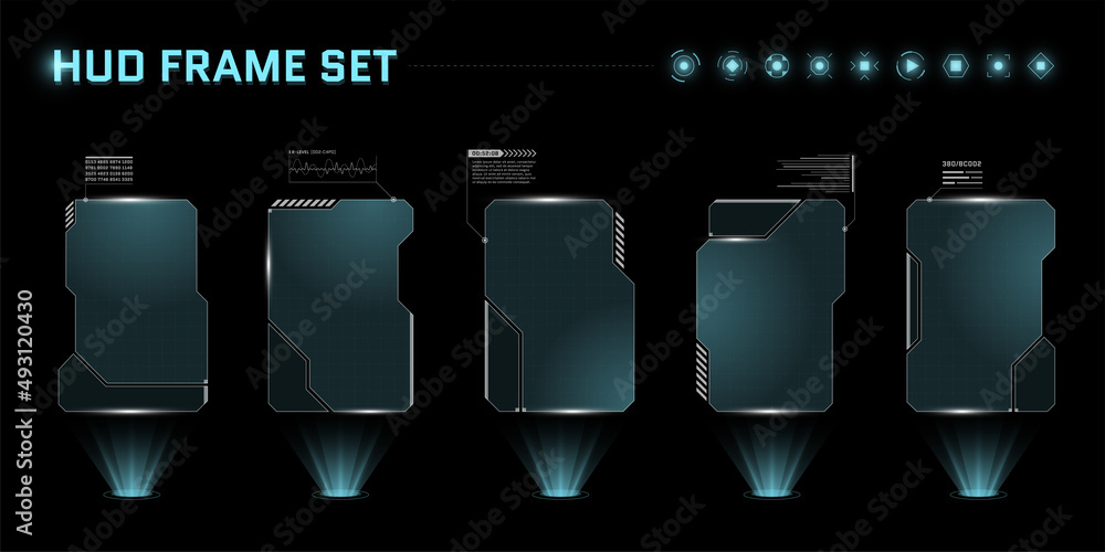 Poster hud digital futuristic user interface square frame set. sci fi high tech screens. gaming menu touchi