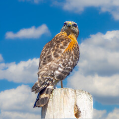 Red Shoulder Hawk Sitting on Post