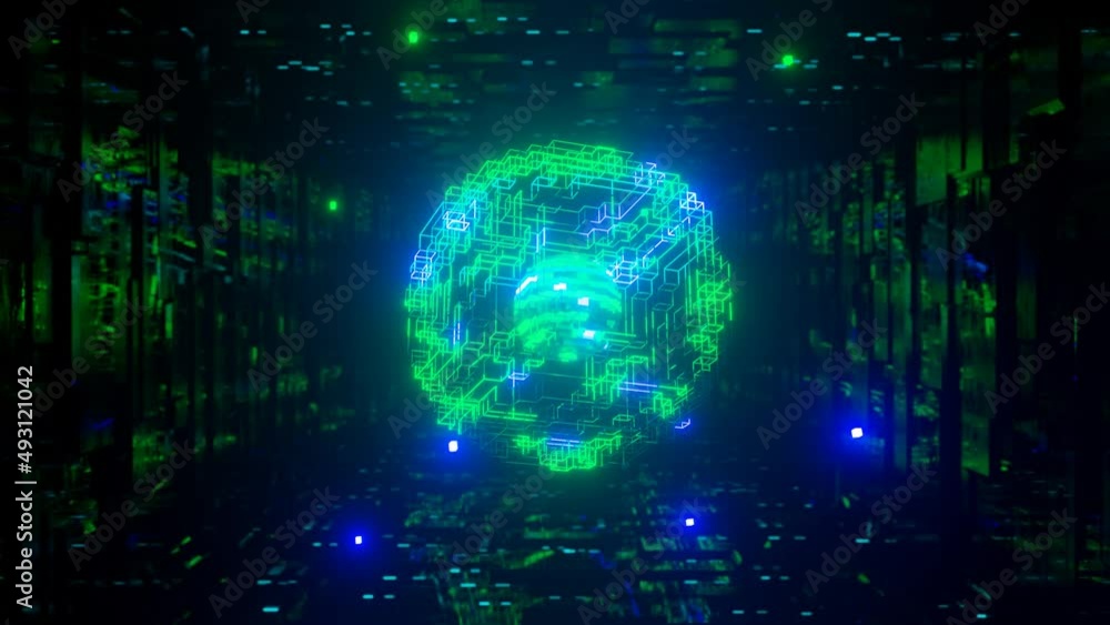 Poster 3d object or structure rotates and moves inside glass mirror tunnel with neon light, bright reflecti