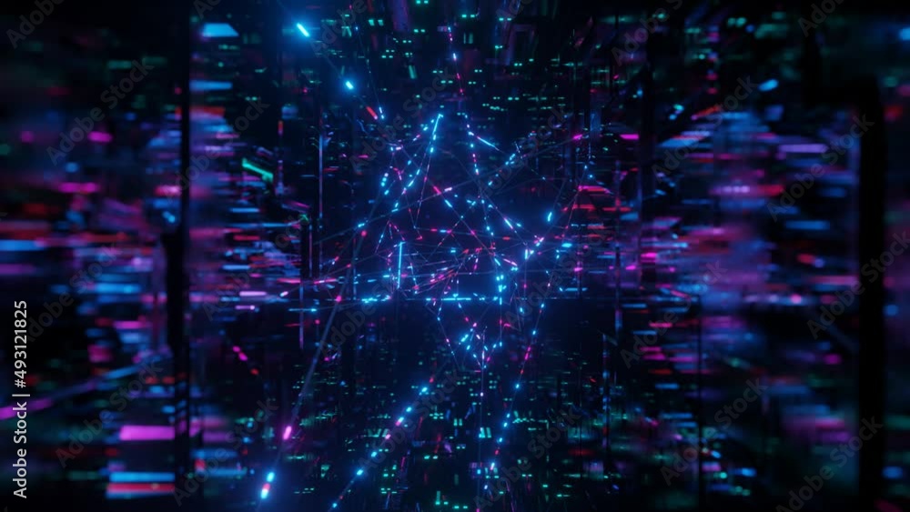 Poster 3d object or structure rotates and moves inside glass mirror tunnel with neon light, bright reflecti