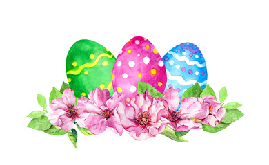 Decorated eggs with pink cherry blossom. Watercolor composition for Easter with spring flowers, green leaves