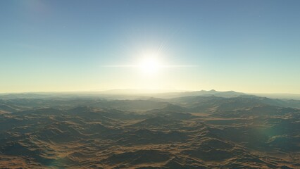 beautiful view from an exoplanet, a view from an alien planet, a computer-generated surface, a fantastic view of an unknown world, a fantasy world 3D render