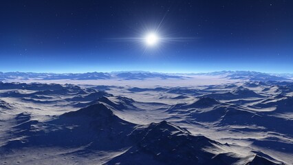 Naklejka na ściany i meble beautiful view from an exoplanet, a view from an alien planet, a computer-generated surface, a fantastic view of an unknown world, a fantasy world 3D render