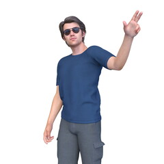 Naklejka premium 青いTシャツを着た男性