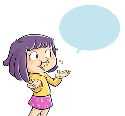 Illustration of little girl talking and eating at the same time