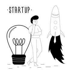 Entrepreneur standing near big idea bulb. New business project starting. Startup development process. Creative ideas, brainstorming. Startup launch, rocket takeoff. Doodle design.