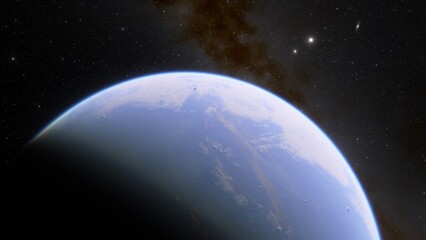 Plakat planet suitable for colonization, earth-like planet in far space, planets background 3d render 