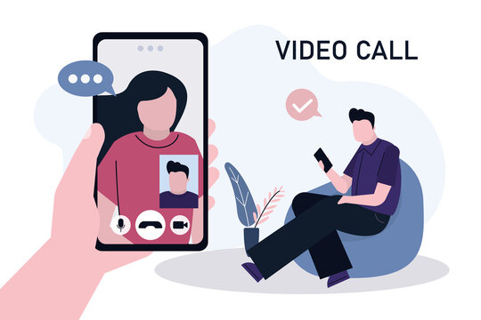 Cartoon man video call cute girl. Communication and conversations on internet network. Online application on mobile phone screen for talking