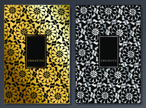 Gold and silver luxury brochure. Seamless geometric pattern, metallic effect. Vector cover design.