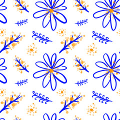 Flowers print. Blue and yellow. Seamless floral pattern. Plant design for fabric, cloth design, covers, manufacturing, wallpapers, print, poster, gift wrap and scrapbooking.