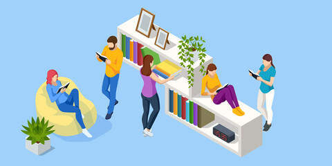 Isometric concept of people reading or students studying, earning, distance studying and self education