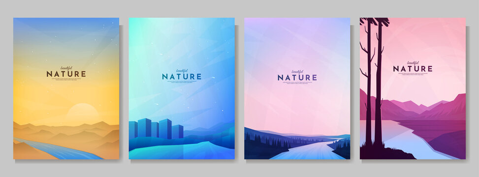 Vector illustration. Abstract background set. Minimalist style. Flat concept wallpapers. Landscape collection. Design for poster, book or magazine cover, layout, brochure. Nature scene with clear sky