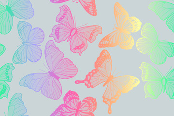 rainbow butterflies on a light gray background, seamless pattern
