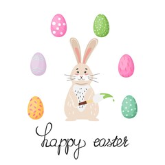 Happy Easter illustration with a bunny painting eggs. 