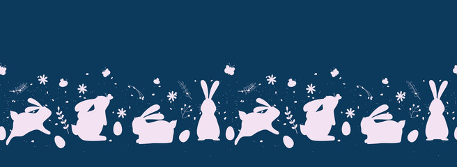Fototapeta na wymiar Seamless horizontal pattern with Easter bunnies and eggs on blue background. 