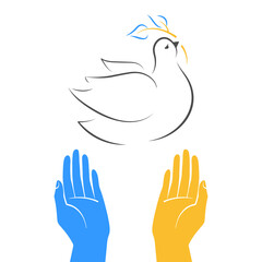Human hands release dove of peace. Flying bird holding olive leaf. Peace symbol.  Pride for Ukraine. No war concept. Support Ukraine. Line art. Vector flat illustration