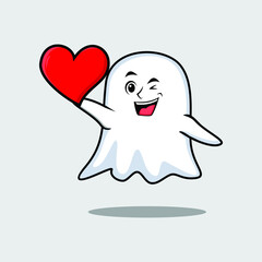Cute cartoon ghost character holding big red heart in modern style design