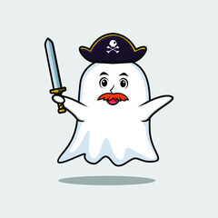 Cute cartoon mascot character ghost pirate with hat and holding sword in modern design