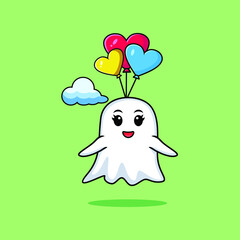 Cute cartoon Ghost mascot is skydiving with balloon and happy gesture cute modern style design for t-shirt, sticker, logo element
