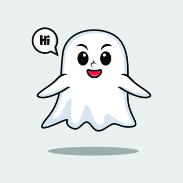 Cute cartoon ghost character with happy expression in modern style design for t-shirt, sticker, logo element, poster