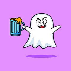 Ghost cartoon mascot character with beer glass and cute stylish design for t-shirt, sticker, logo elements
