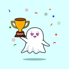 Cute Cartoon character illustration of ghost is holding up the golden trophy with happy gesture, cute modern style design for t-shirt, sticker, logo element