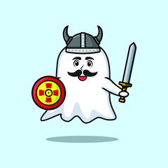 Cute cartoon character Ghost viking pirate with hat and holding sword and shield in cute modern style 