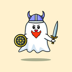 Cute cartoon character Ghost viking pirate with hat and holding sword and shield in cute modern style 