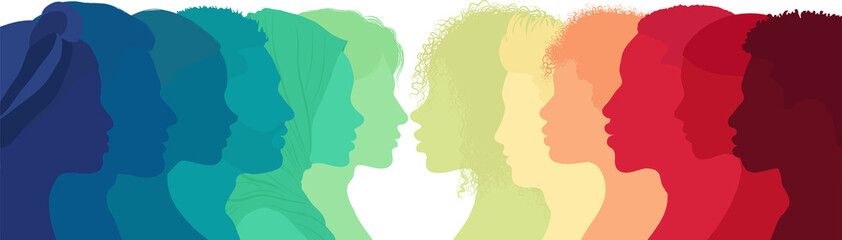 Silhouette profile group men and women of diverse cultures. Concept of racial equality and anti-racism. Diversity people. Multicultural and multiracial society. Friendship. Empowerment