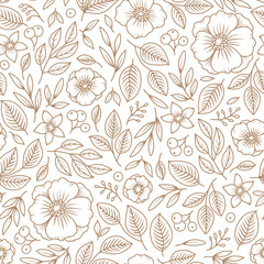 Floral vector seamless pattern. Outline hand drawn Anemone Flowers and Leaves. Scattered Meadow Wildflowers. Line art background for fashion print, textile, fabric, wrapping paper