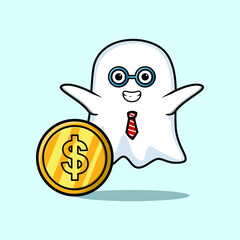 Ghost successful businessman holding gold coin cartoon vector image for t-shirt, sticker, logo element