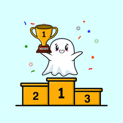 Cute cartoon ghost as the first winner with happy expression in 3d modern style design