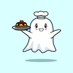 Cute Cartoon chef ghost mascot character serving cake on tray cute style design in 3d cartoon style concept