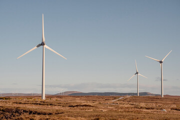 High wind power turbine in a field. Cloudy sky background. Renewable green energy production, source of clean electric supply. Modern technology and design. Nobody.