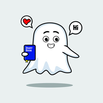 Cute cartoon ghost character holding diary book with happy expression in concept 3d cartoon style