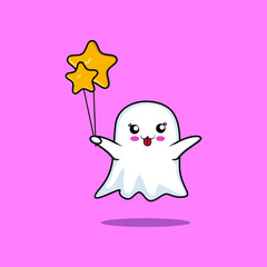 Cute cartoon ghost floating with star balloon cartoon vector illustration in concept 3d cartoon style