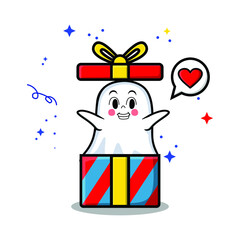 Cute cartoon ghost character coming out from big gift box look so happy in concept 3d cartoon style