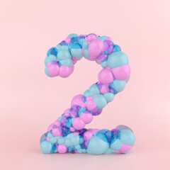 Creative number two 2 concept made of colorful pastel balloons. Balloon font concept on pastel pink background.
