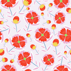 White with whimsical red flower elements with their long stems and small leaves seamless pattern background design.