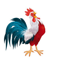 coq français, coq gaulois, mascotte, coq de france, chant,  coupe du monde, foot, bleu blanc rouge, illustration, drapeau français, bleu blanc rouge,  © behzadillustrations