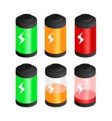 Battery Icon Set 3D Energy Power Isometric with Gradient Show Full Empty Green Orange and Red Tube Charge for Industry Business Illustration or Graphic Elements