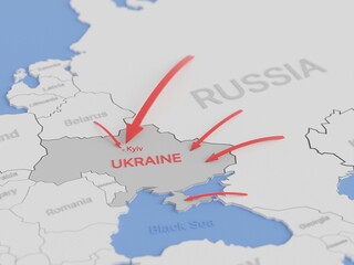 Map of Ukraine showing the advance of the Russian invasion in March 2022. Digital 3D rendering.