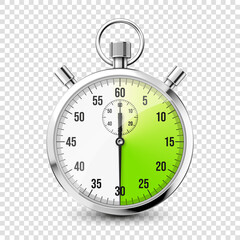 Realistic classic stopwatch icon. Shiny metal chronometer, time counter with dial. Green countdown timer showing minutes and seconds. Time measurement for sport, start and finish. Vector illustration