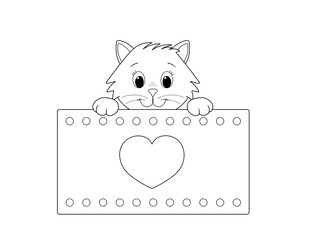 cute cartoon cat face and a heart, design for valentines day. outline black and white illustration. you can print it on standard 8.5x11 inch paper