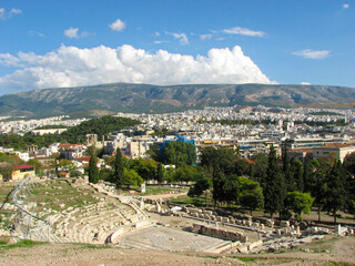 Athens, Greece - A  view from above of the Theatre and Sanctuary of Dionysus on the south slope of the Acropolis hill. It was originally part of the sanctuary of Dionysus Eleuthereus.