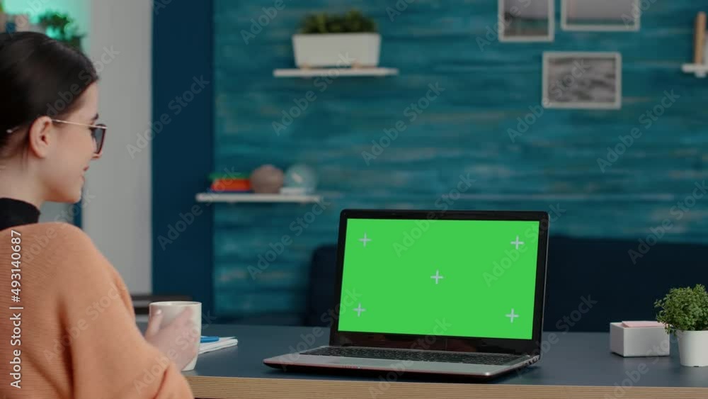 Poster young student looking at green screen on laptop computer, studying for online class lesson at home. 