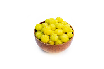 local fruit gooseberry on wooden container isolated on white background.	