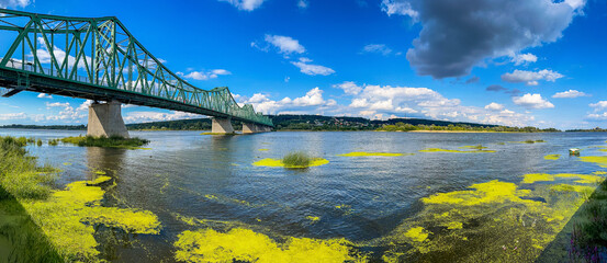 Wloclawek, Poland - August 11, 2021. Green bridge Marszalka Rydza-Smiglego over Vistula river in Summer