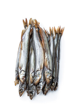 Smoked dry capelin isolated on white background