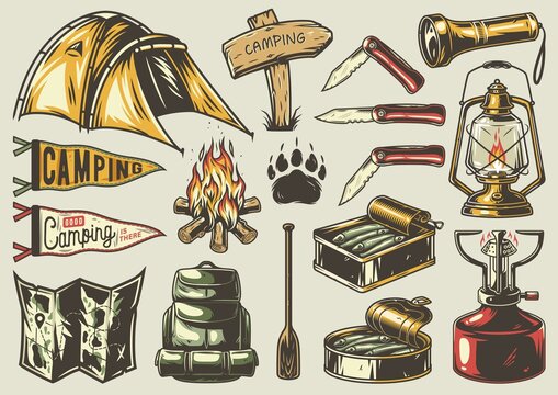 Set Of Monochrome Camping And Travel Elements, Including Campfire, Tent And Map, Lantern And Forest